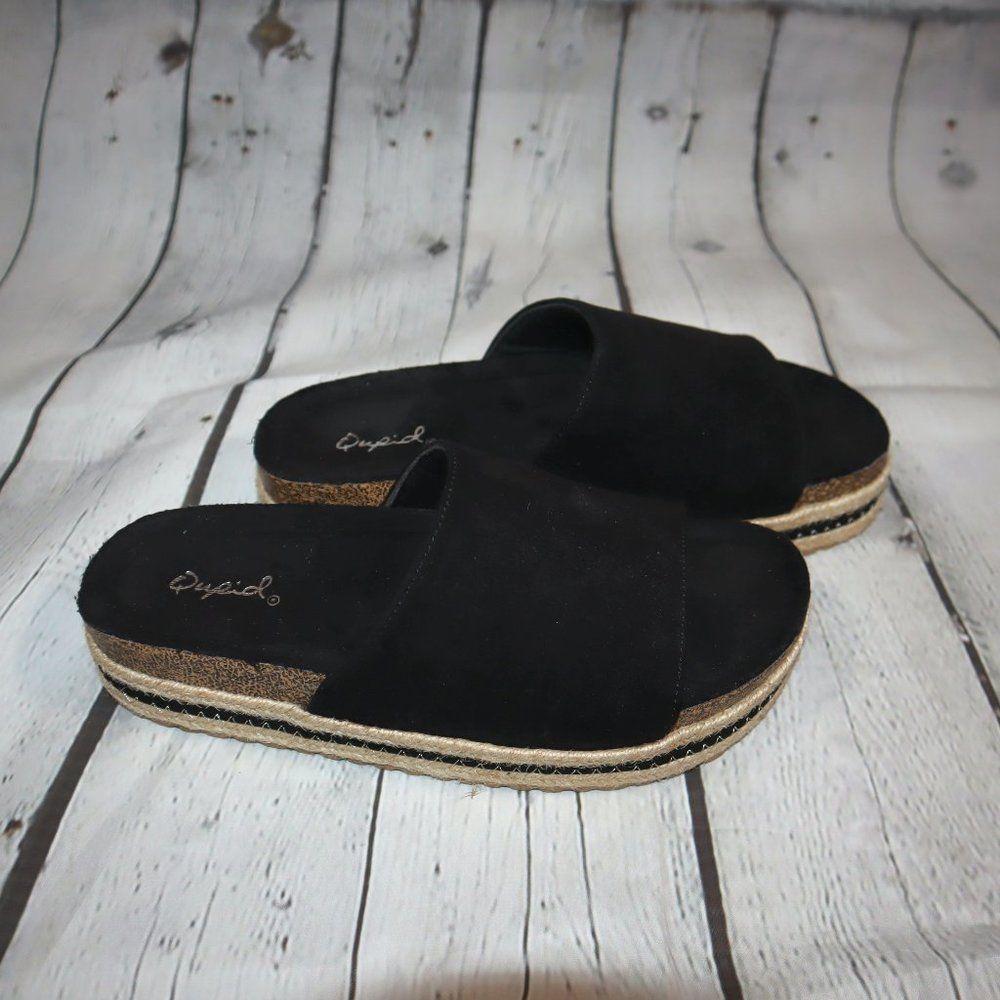 Qupid Meagan Black Open Toe Espadrille Cork Slide Platform Sandal Women's Size 7